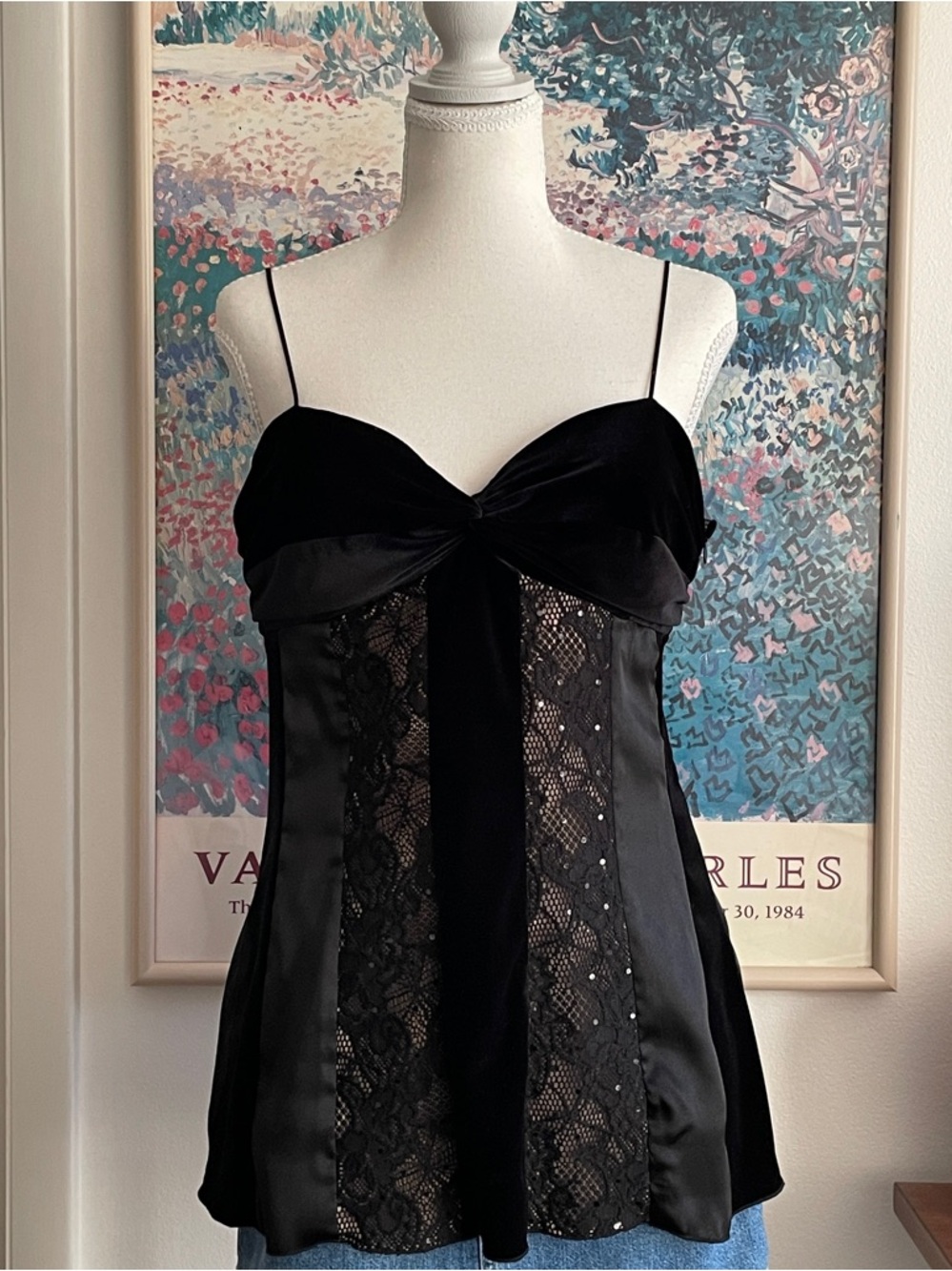 Vintage Caché Bustier Top L Black Velvet Lace Burnout Whimsigoth Vamp 90s Y2K